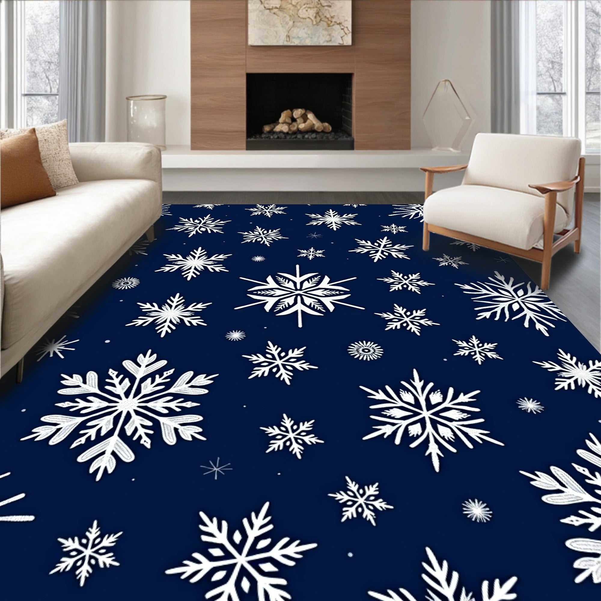 Navy Blue Snowflake Scatter Rug