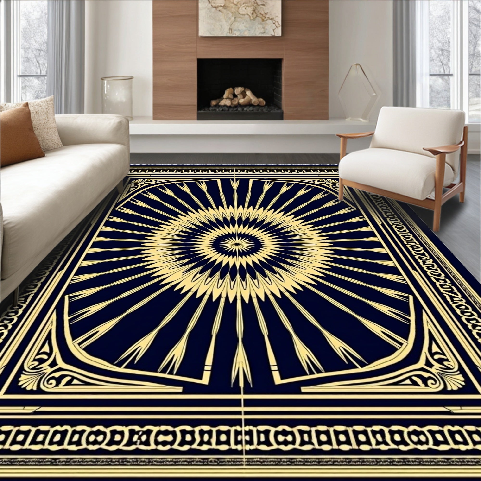 Navy Gold Sunburst Geometric Rug