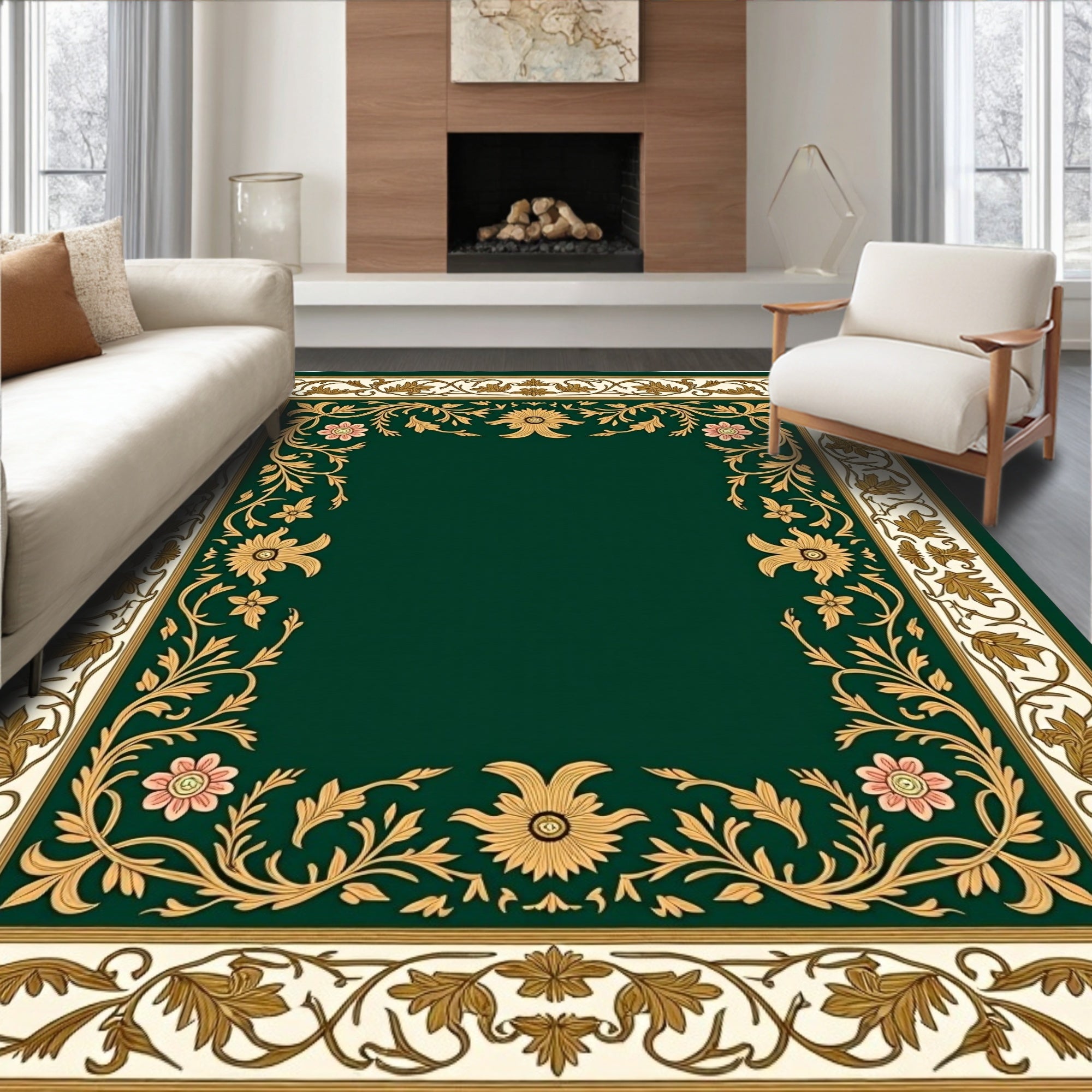 Emerald Green Floral Garland Border Rug
