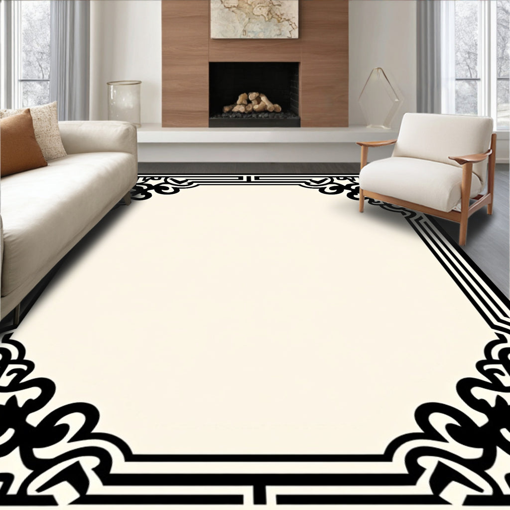 Black Cream Ornate Scrollwork Border Rug