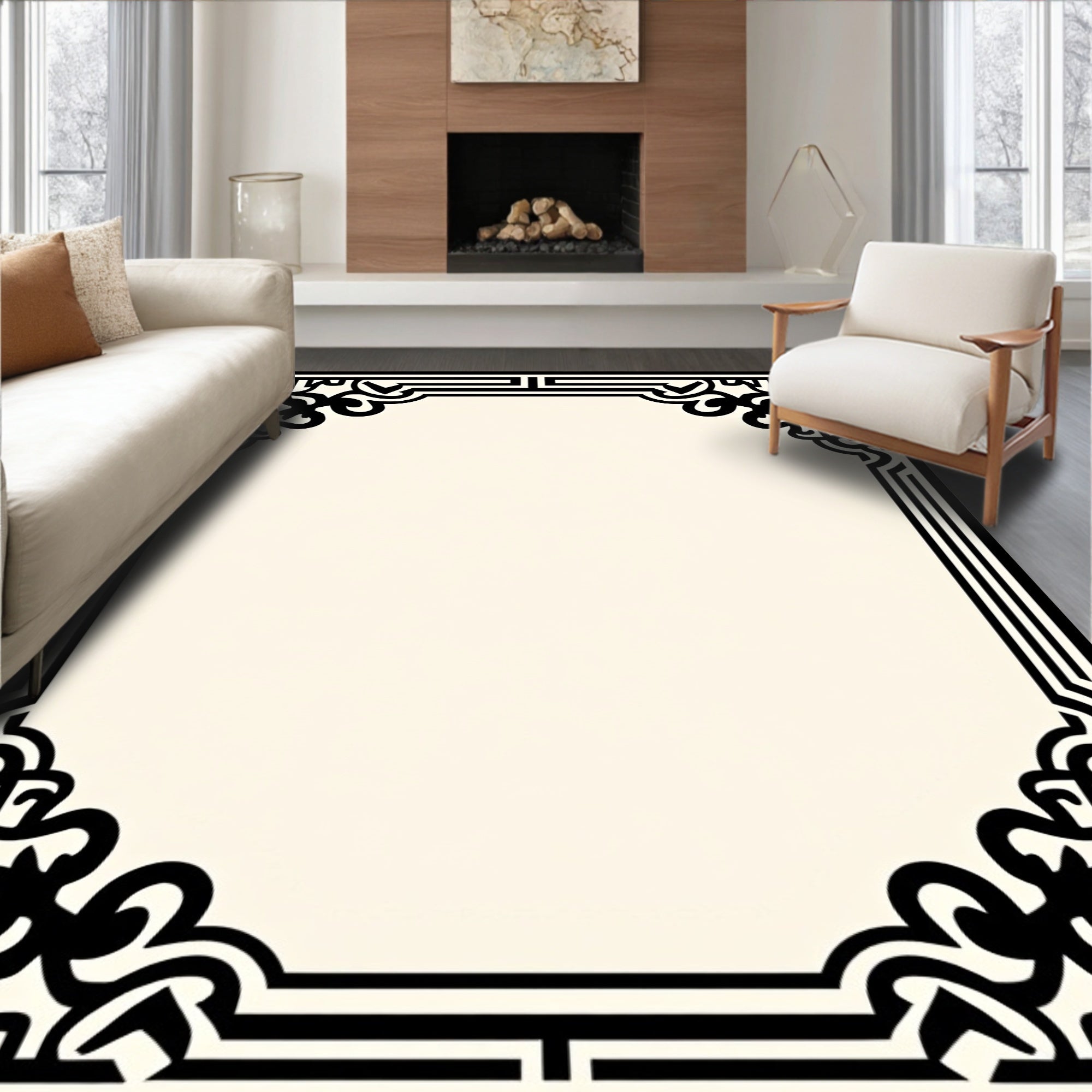 Black Cream Ornate Scrollwork Border Rug
