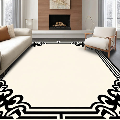 Black Cream Ornate Scrollwork Border Rug