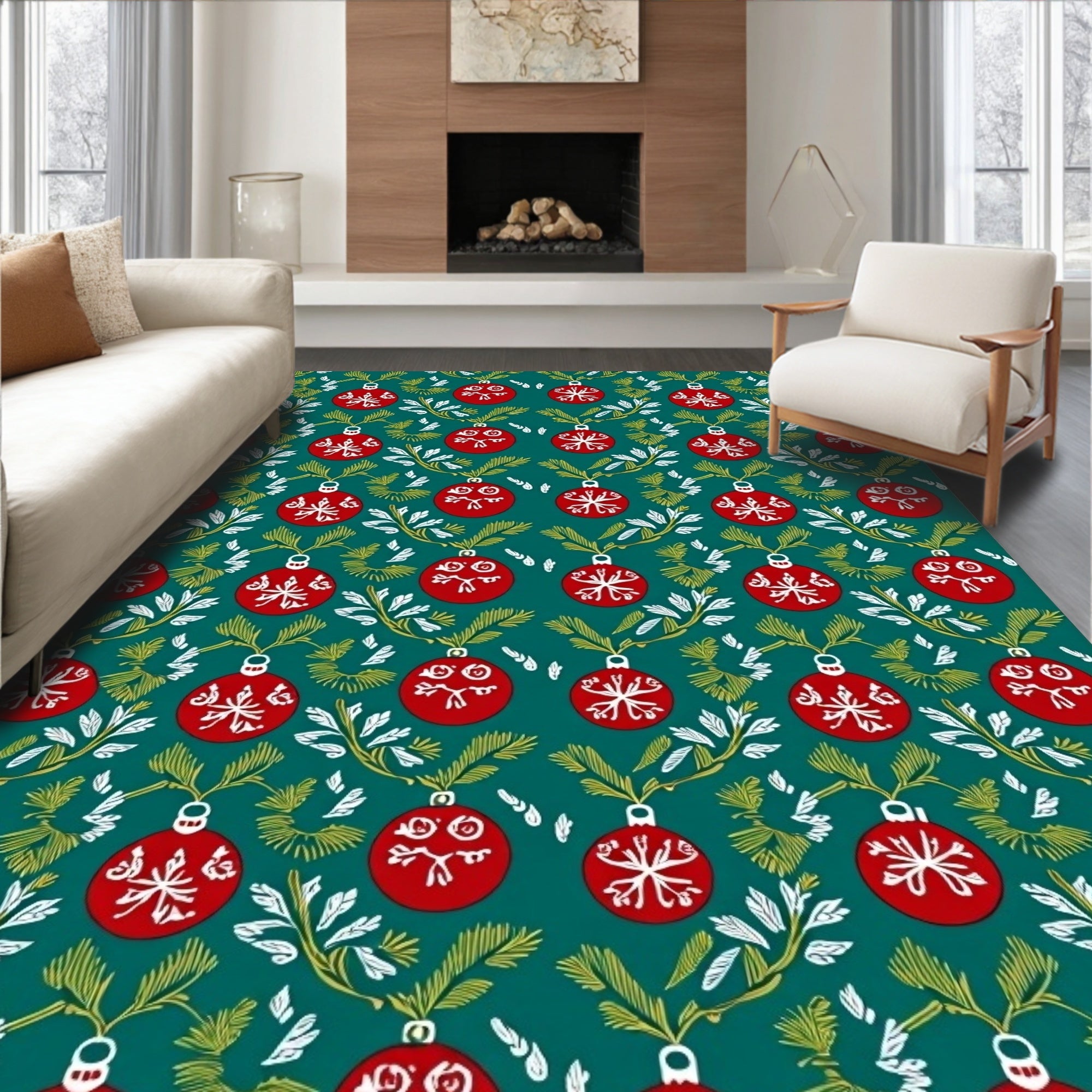 Red Ornate Christmas Orbs Greenery Rug