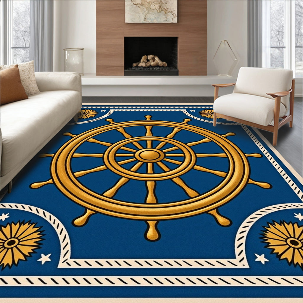 Golden Ship Wheel Nautical Sunburst Rug