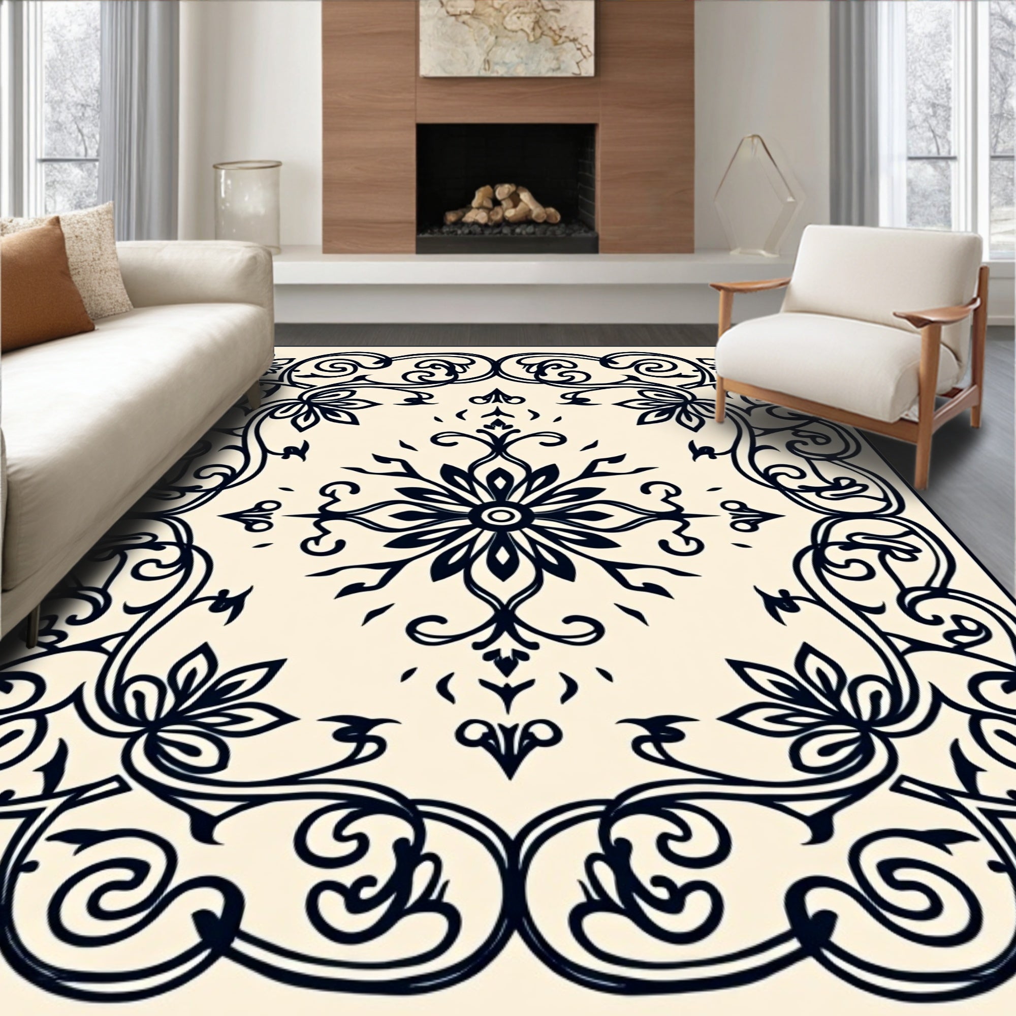 Ornate Cream and Navy Floral Frame Rug