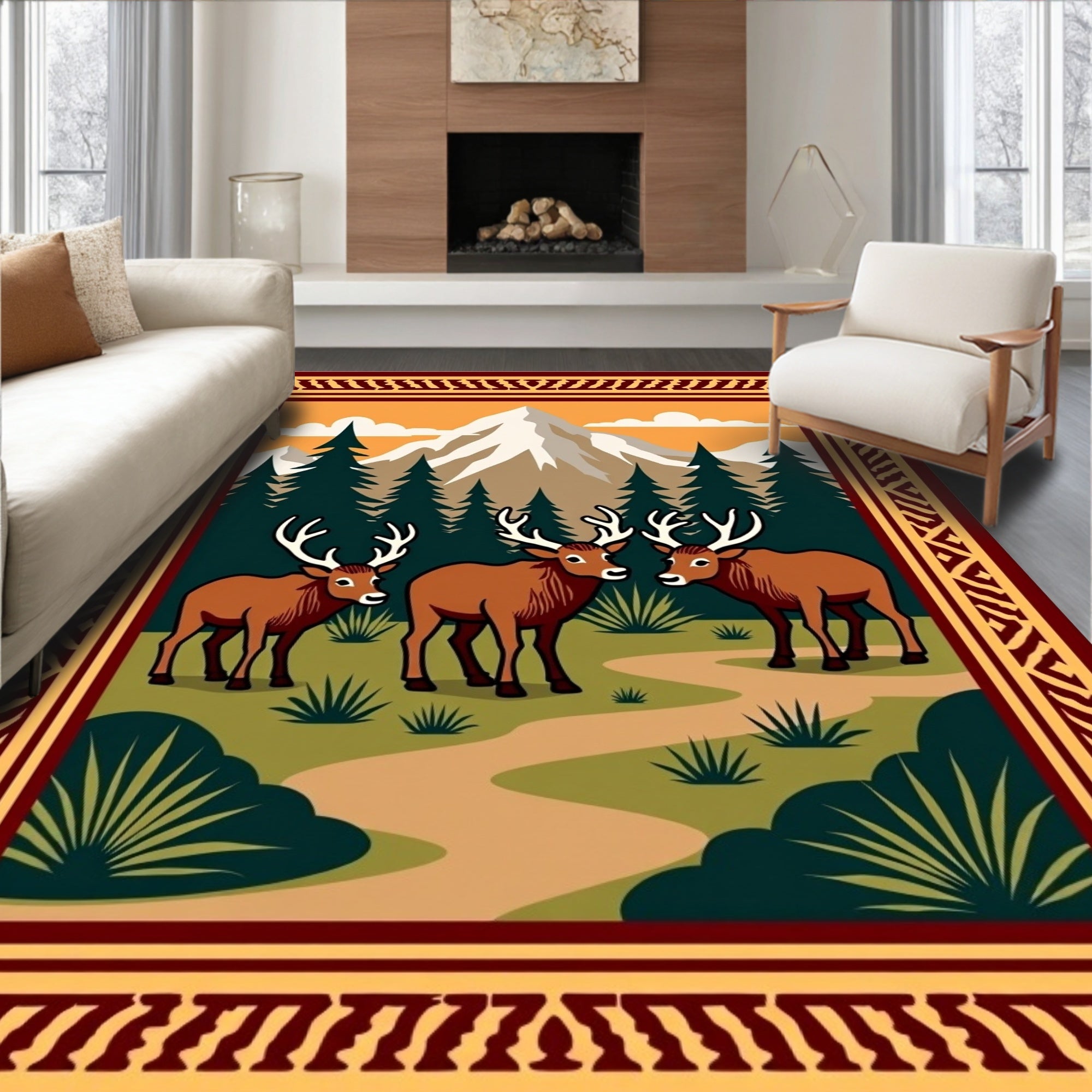 Woodland Deer Mountain Scene Landscape Rug