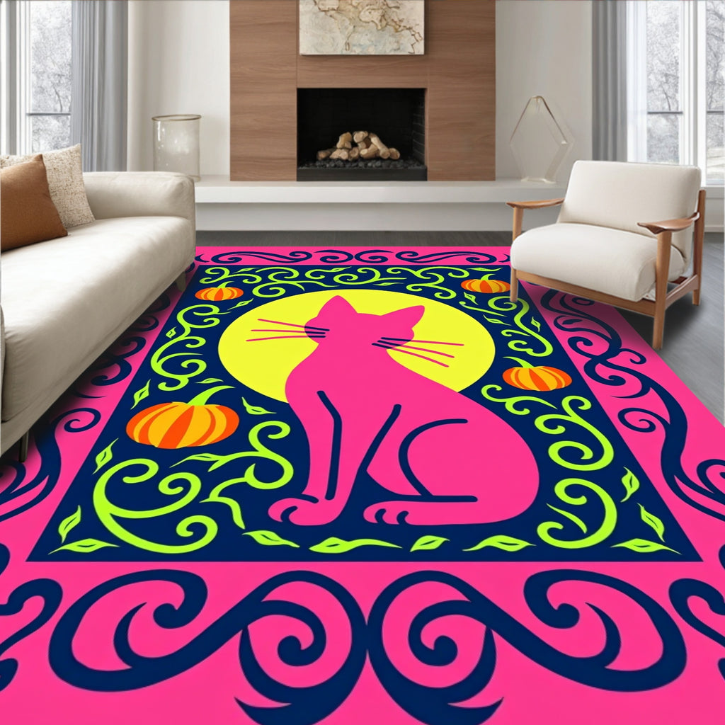 Pink Cat Pumpkin Floral Border Rug
