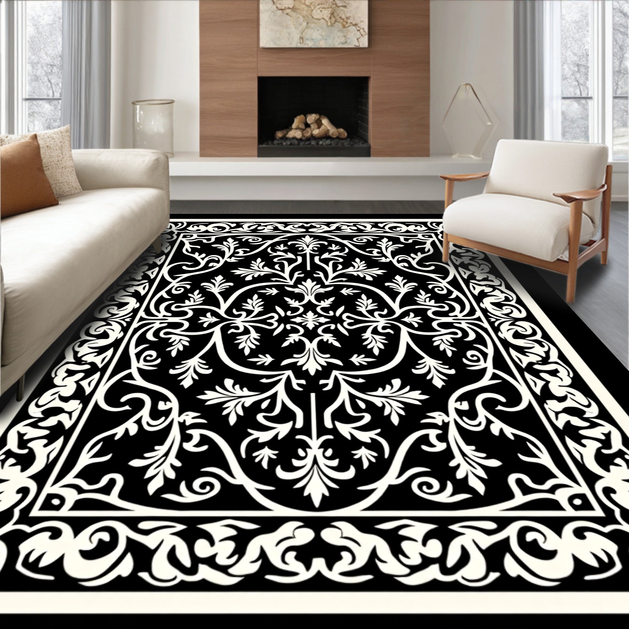 Black White Filigree Scrollwork medallion Rug