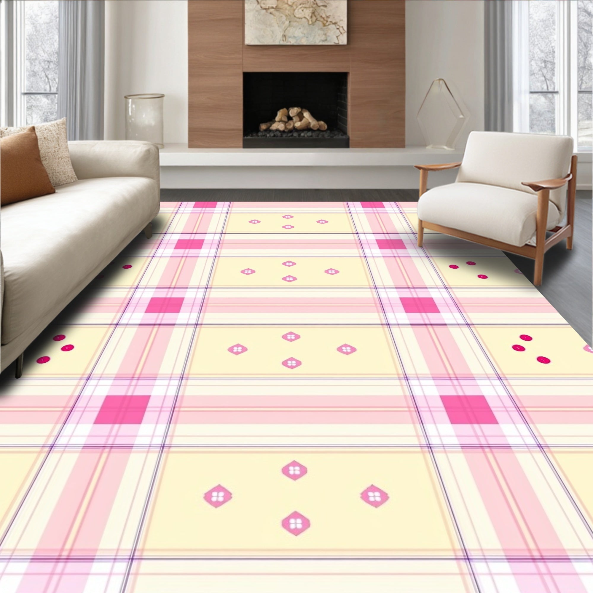 Soft Pink Plaid Dot Flower Rug
