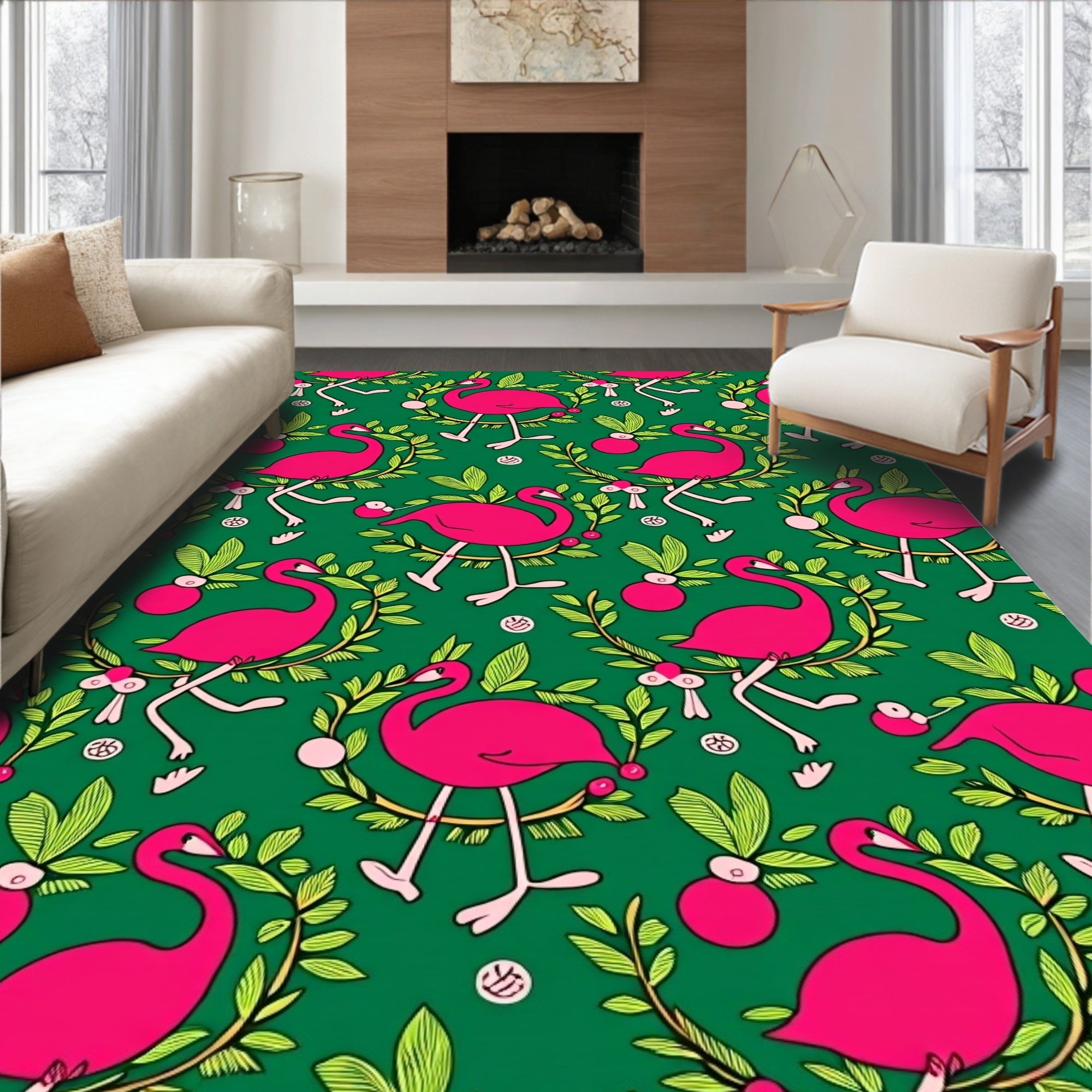 Pink Flamingo Floral Branch Repeat Rug