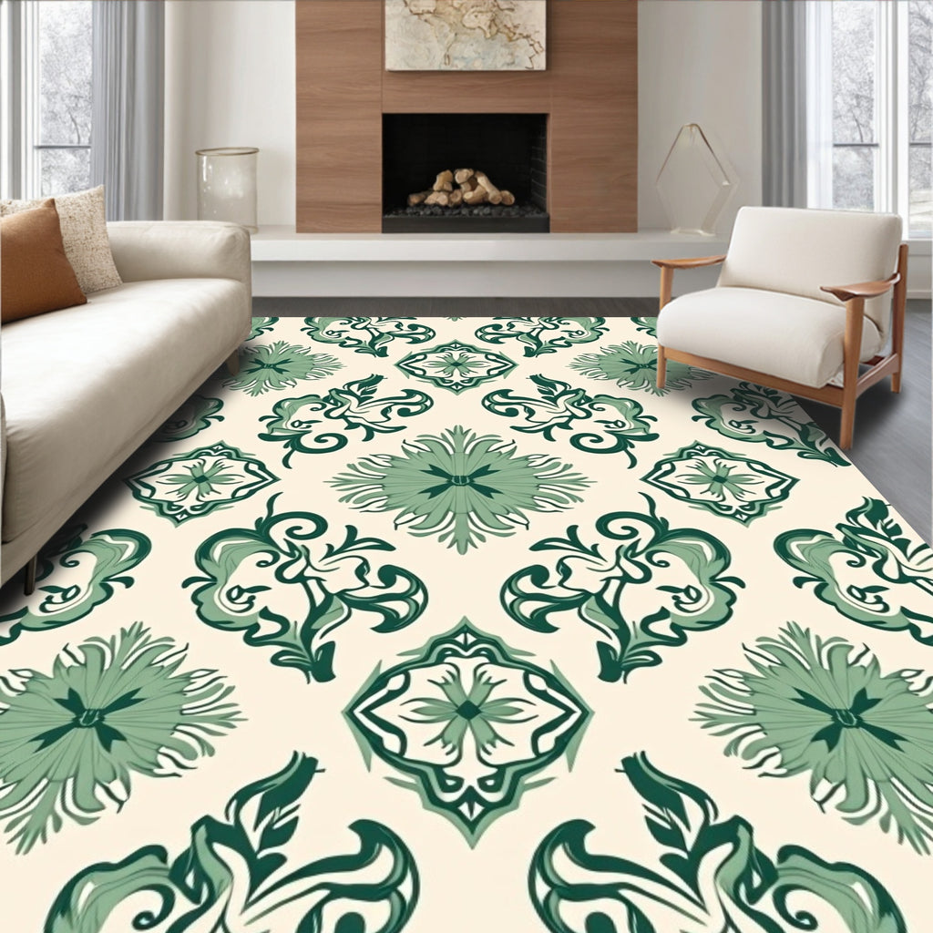 Green Floral Scroll Medallion Rug