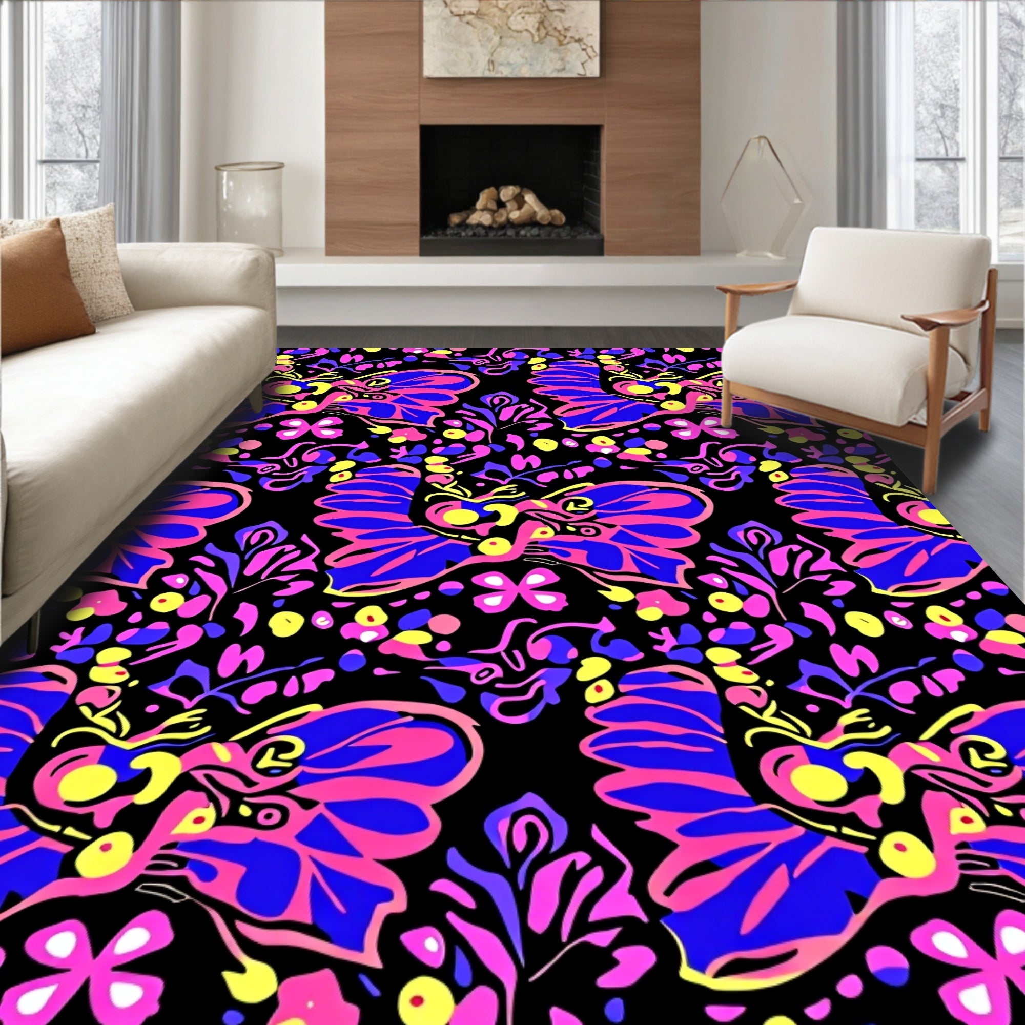 Vibrant Butterfly Garden Floral Medallion Rug
