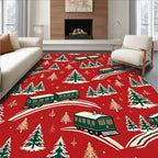 Victorian Green Train Snowy Christmas Trees Rug