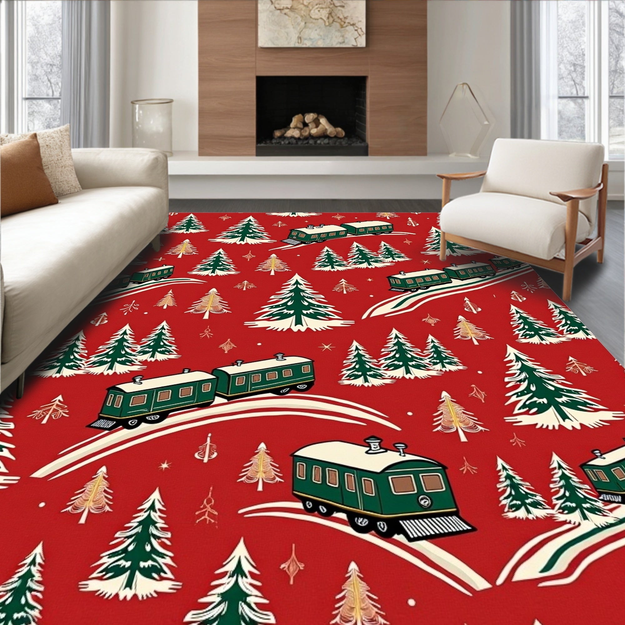 Victorian Green Train Snowy Christmas Trees Rug