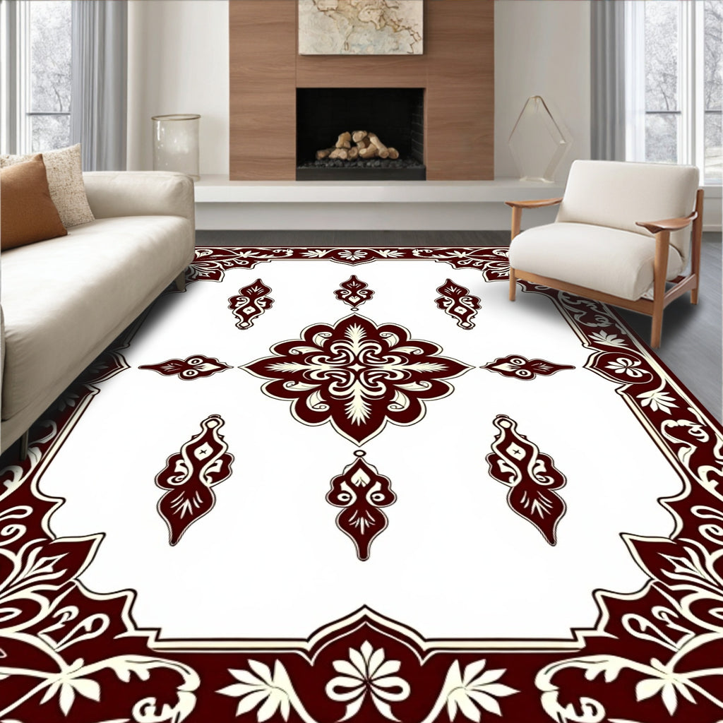 Deep Red Off White Ornate Symmetry Rug