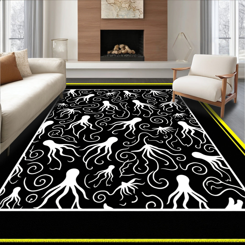 Whimsical White Octopus Swirl Black Rug