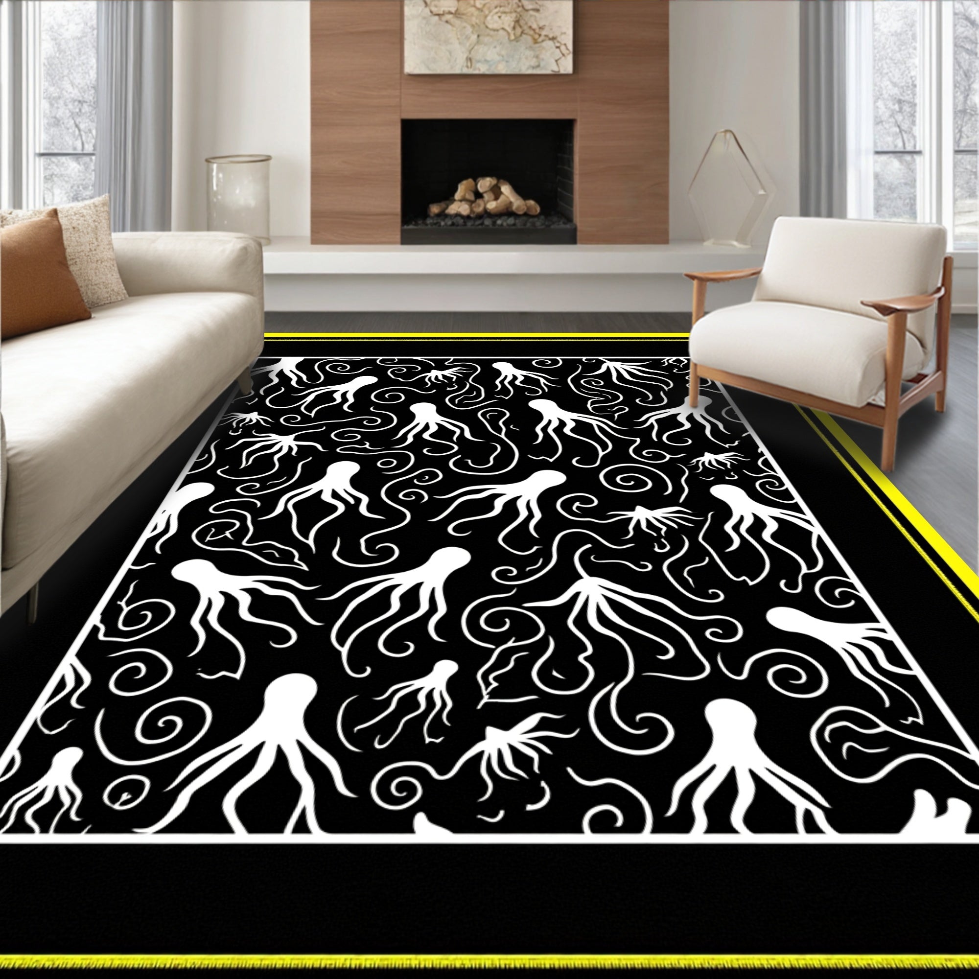 Whimsical White Octopus Swirl Black Rug