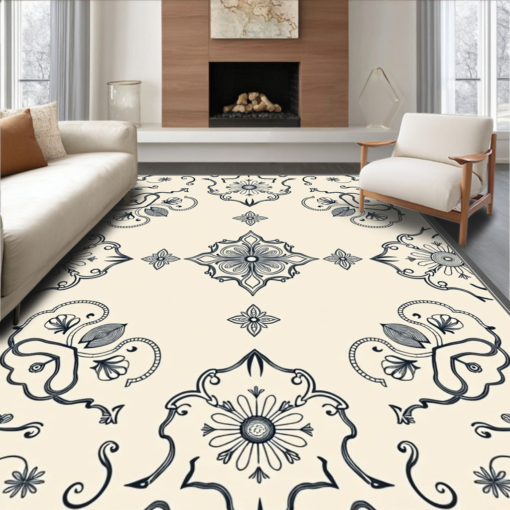 Cream And Navy Floral Medallion Arrangement Rug