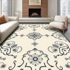 Cream And Navy Floral Medallion Arrangement Rug