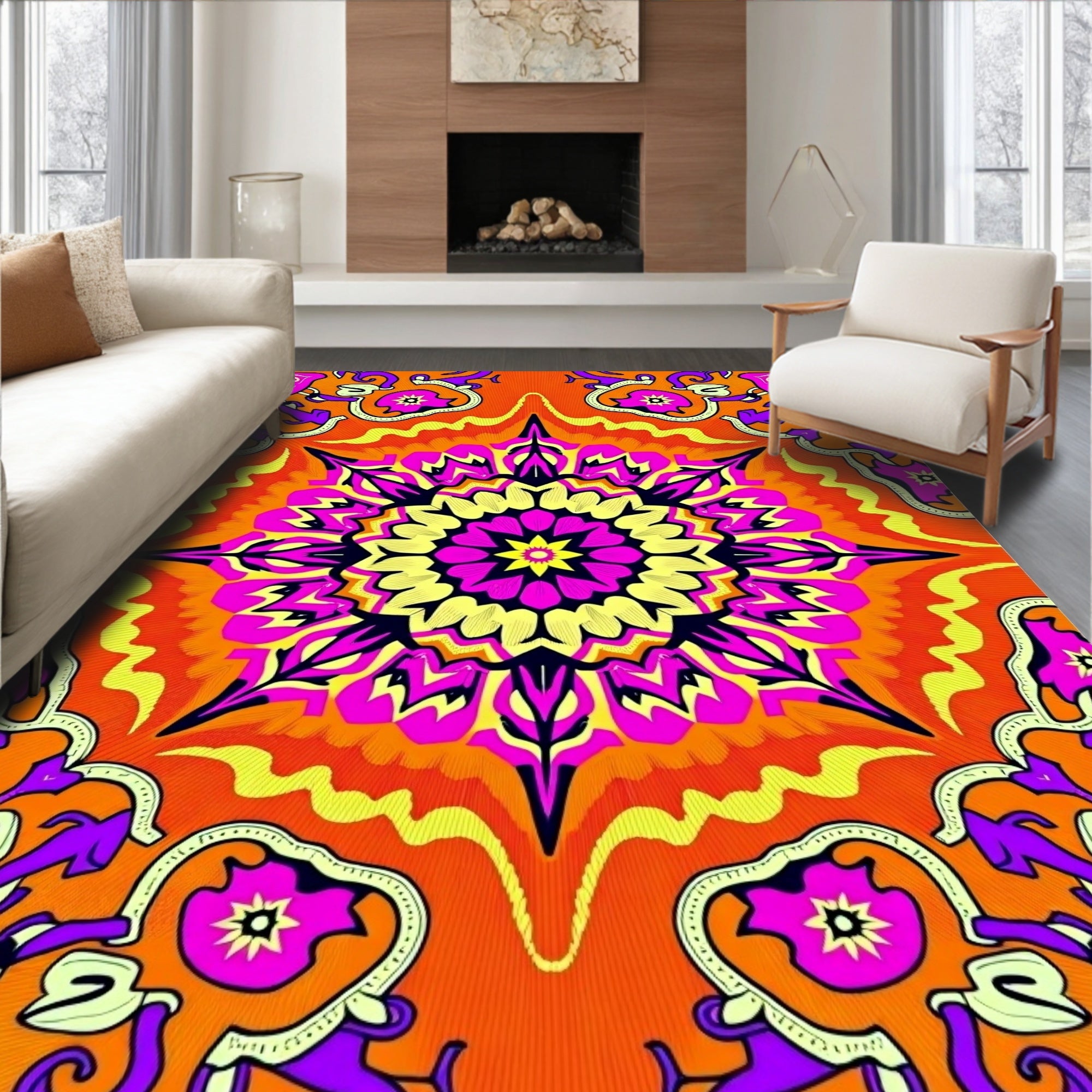 Vibrant Orange Pink Mandala Radiance Rug