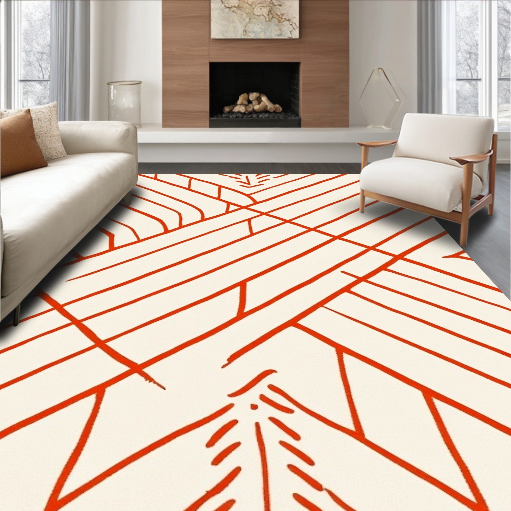 Coral Red Intersecting Lines Rug