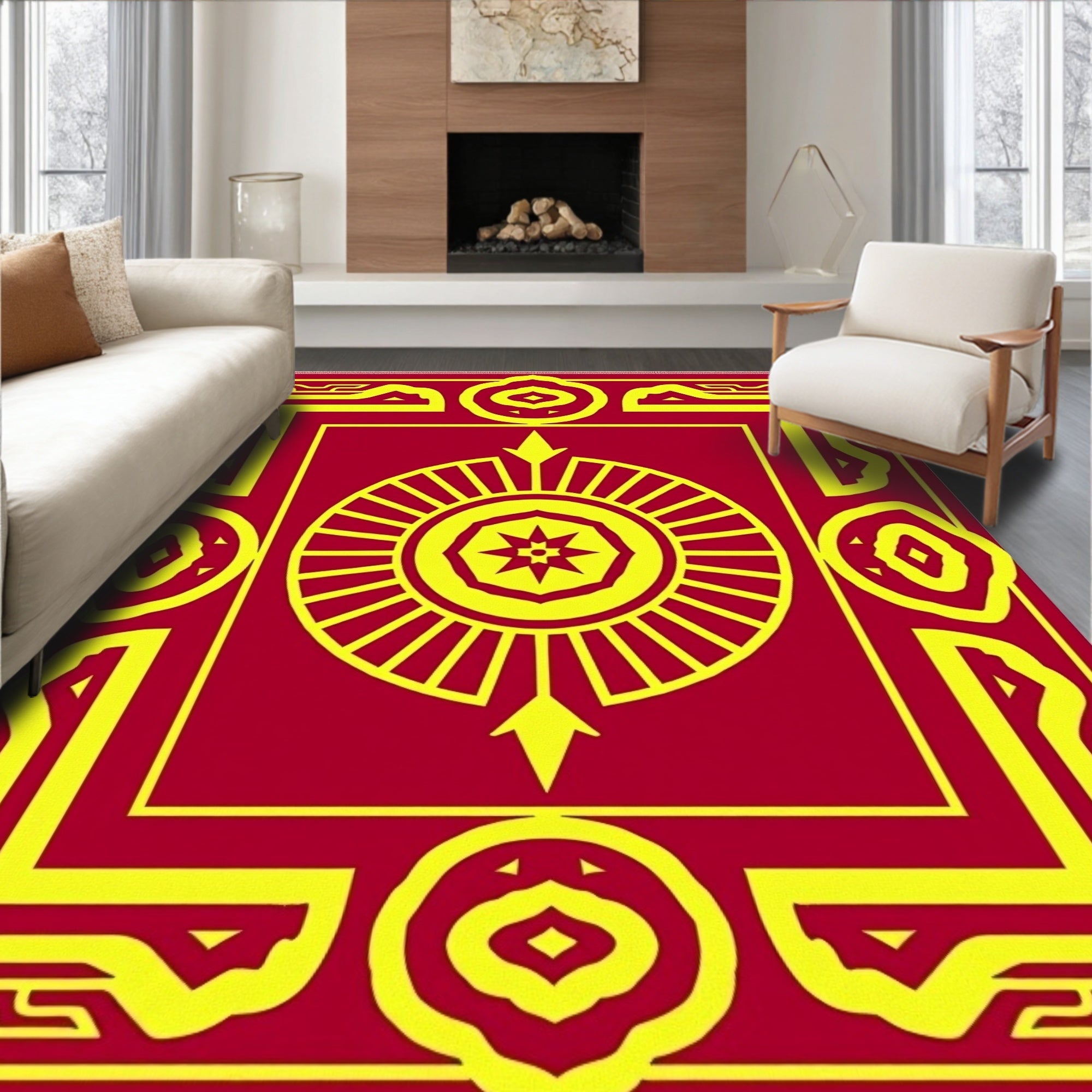 Crimson Yellow Geometric Sunburst Rug