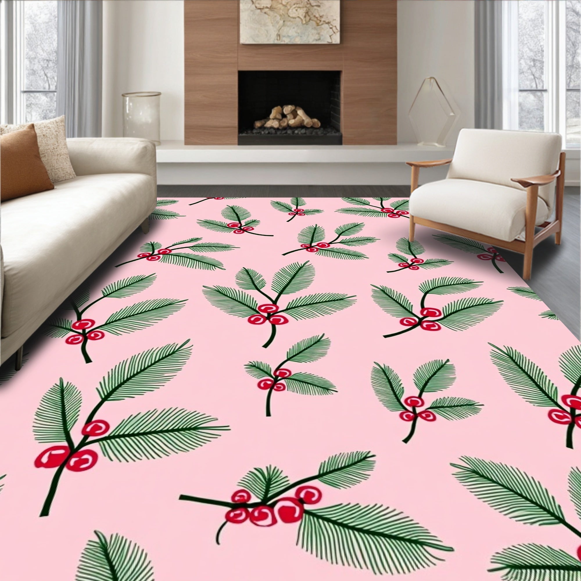 Pink Holly Berry Branches Rug
