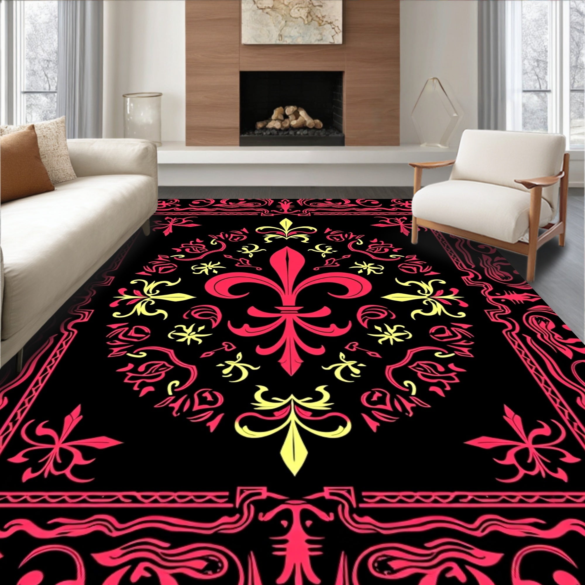 Crimson Yellow Fleur-de-lis Mandala Rug