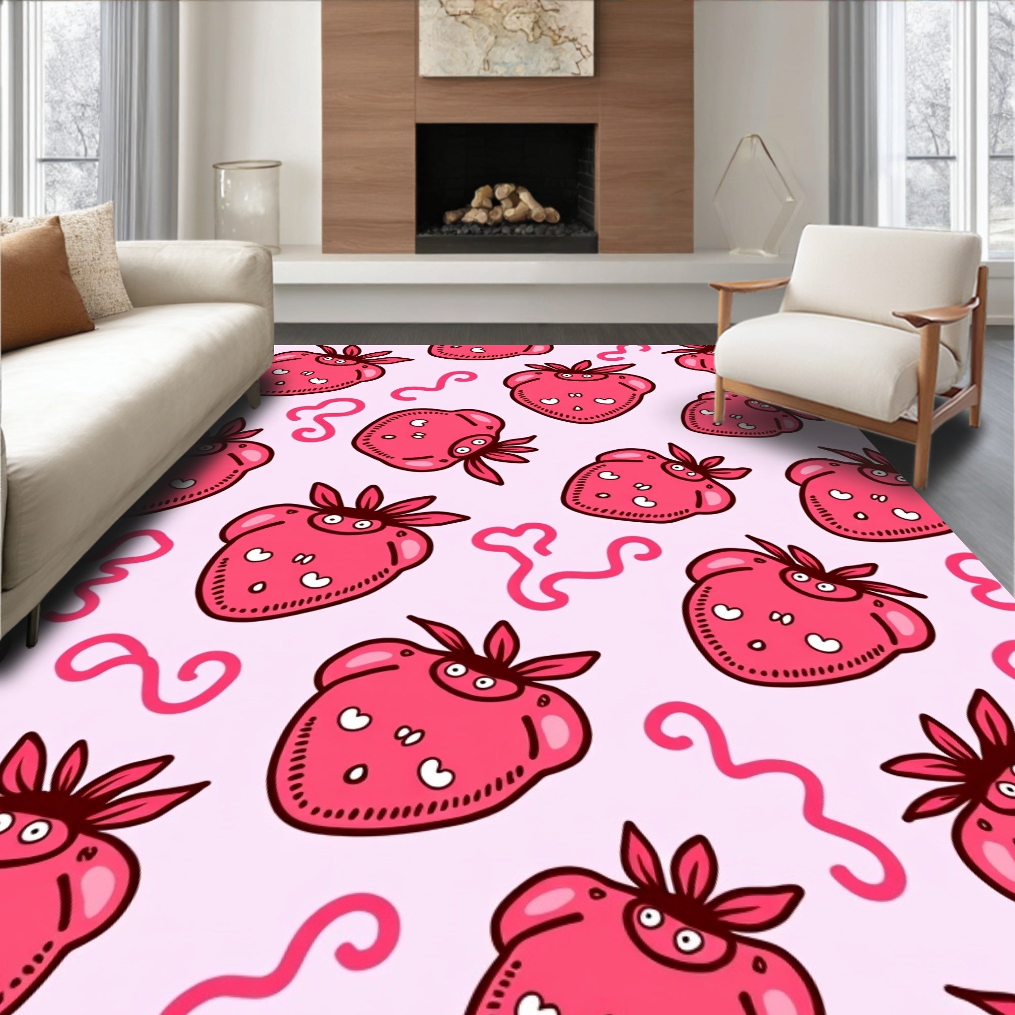 Playful Pink Strawberry Hearts Rug