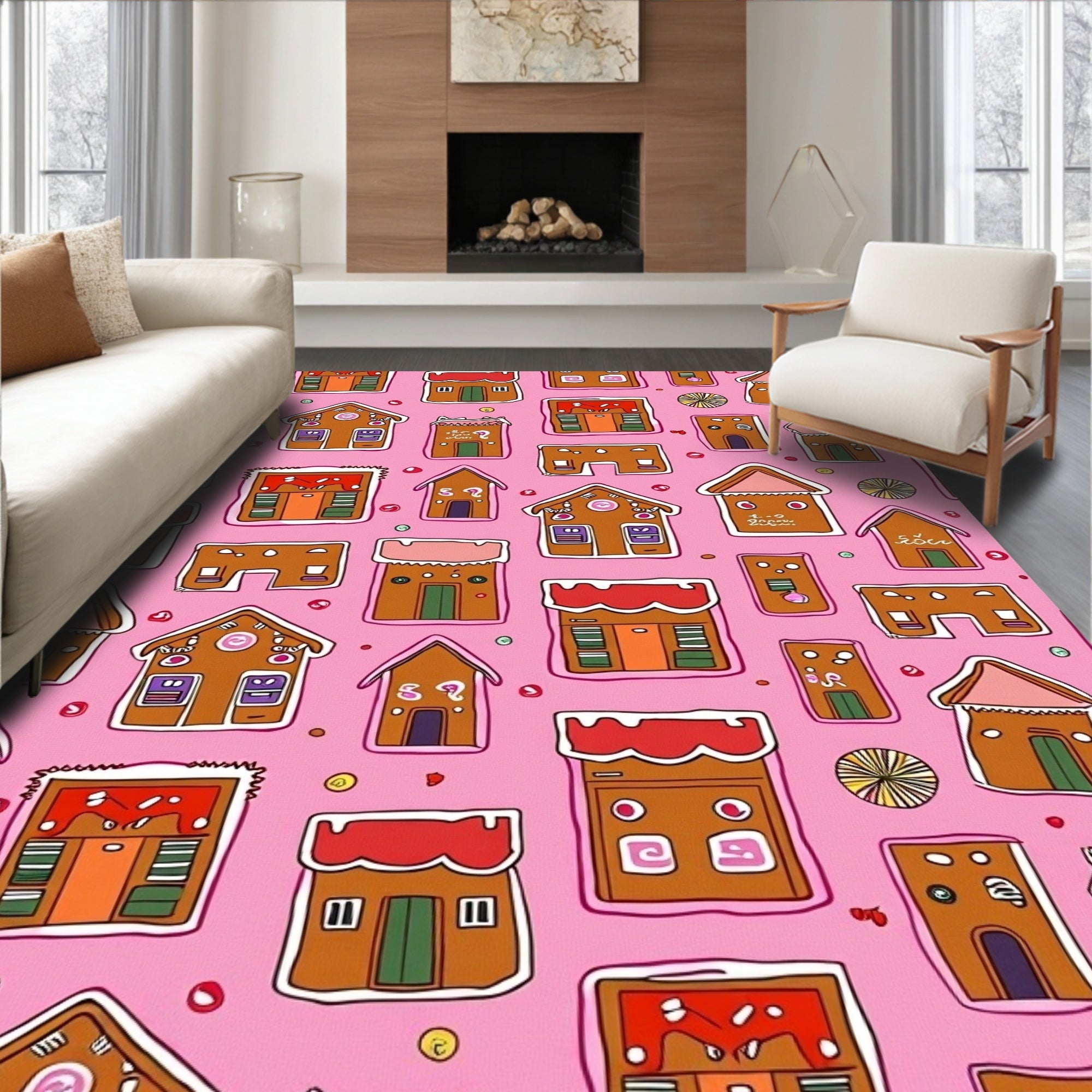 Pink Gingerbread Houses All-Over Rug