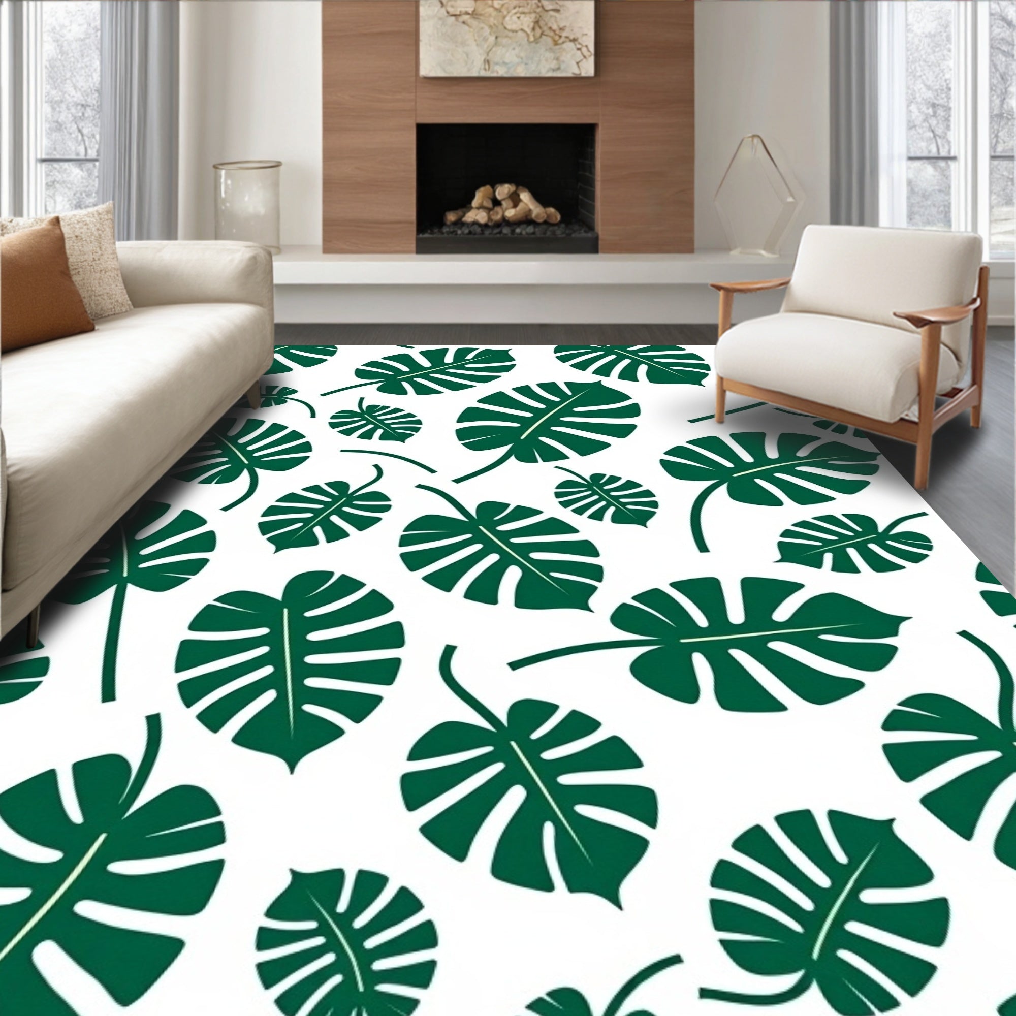 Green Tropical Monstera Leaves Rug