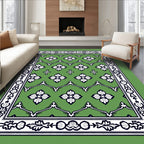 Green White Floral Lattice Border Rug