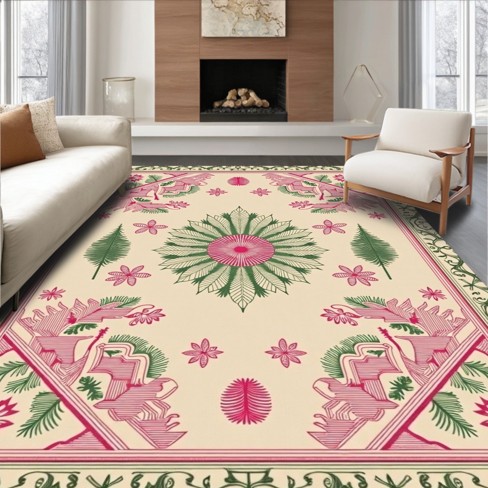 Fuchsia Green Floral Abstract Centered Rug