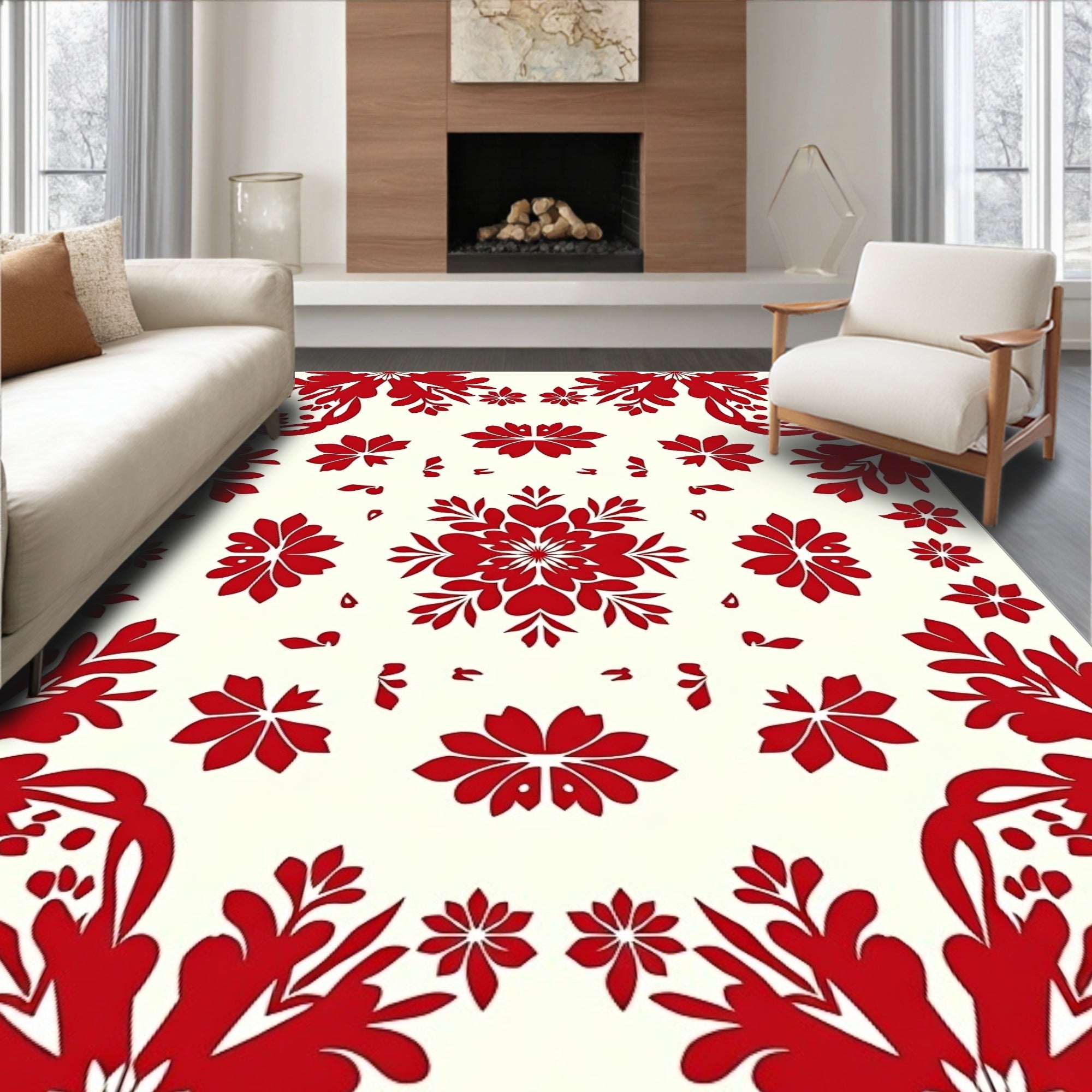 Crimson Floral Medallion Symmetric Arrangement Rug