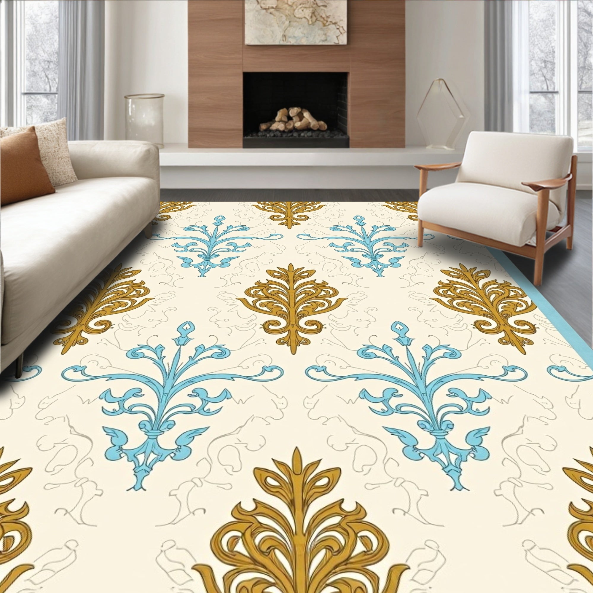 Gilded Aqua Ornamental Scroll Rug