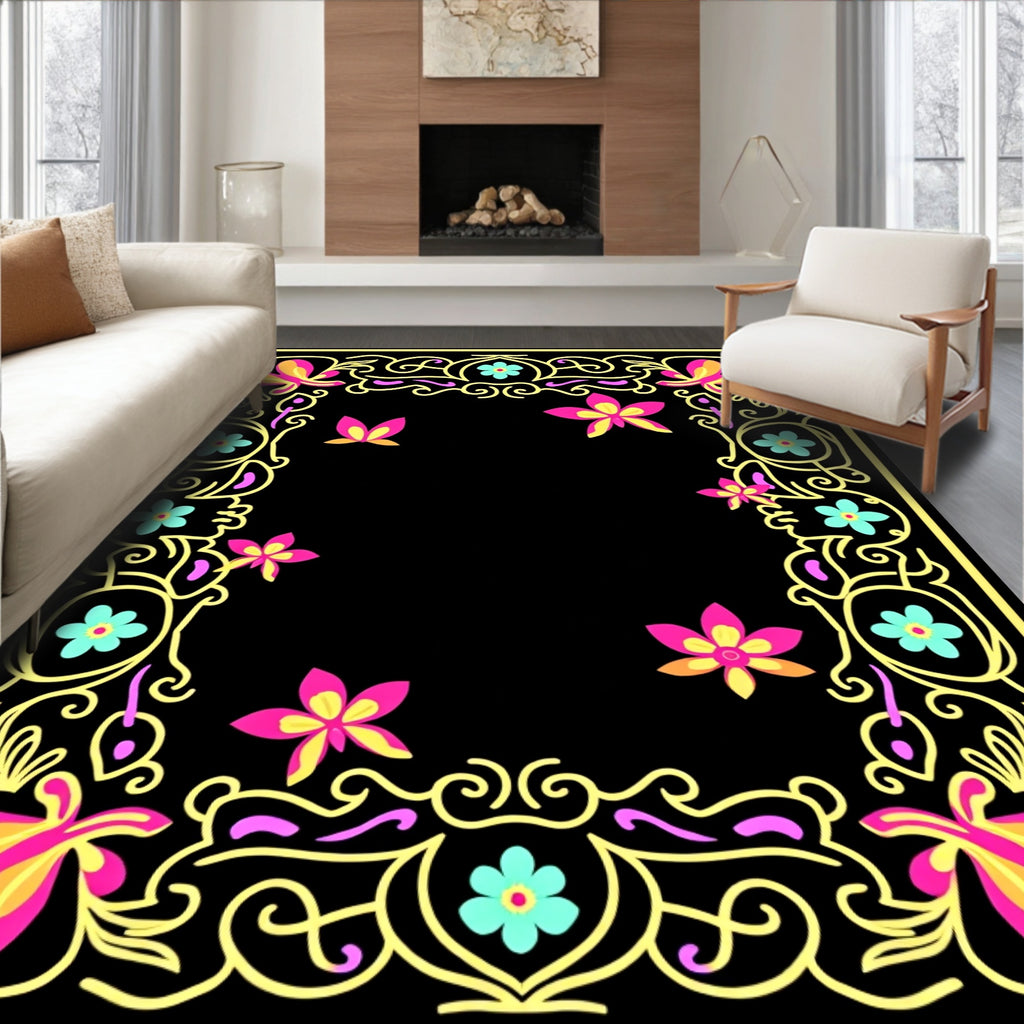 Vibrant Pink Yellow Floral Butterfly Border Rug