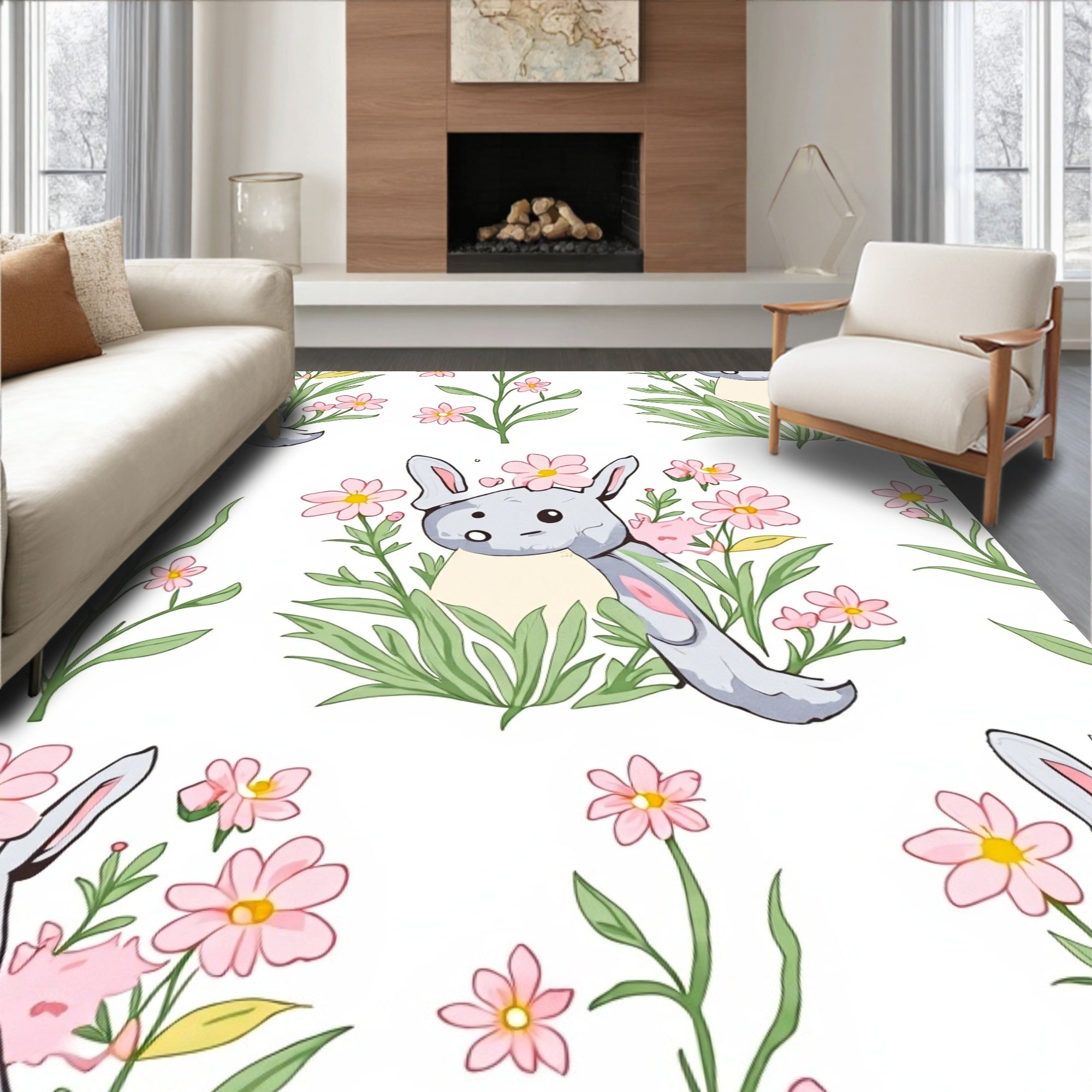 Whimsical Gray Bunny Pink Flower Garden Rug