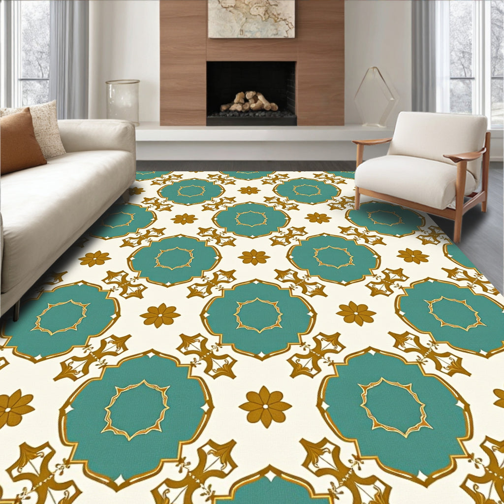 Teal Gold Floral Quatrefoil Medallion Rug