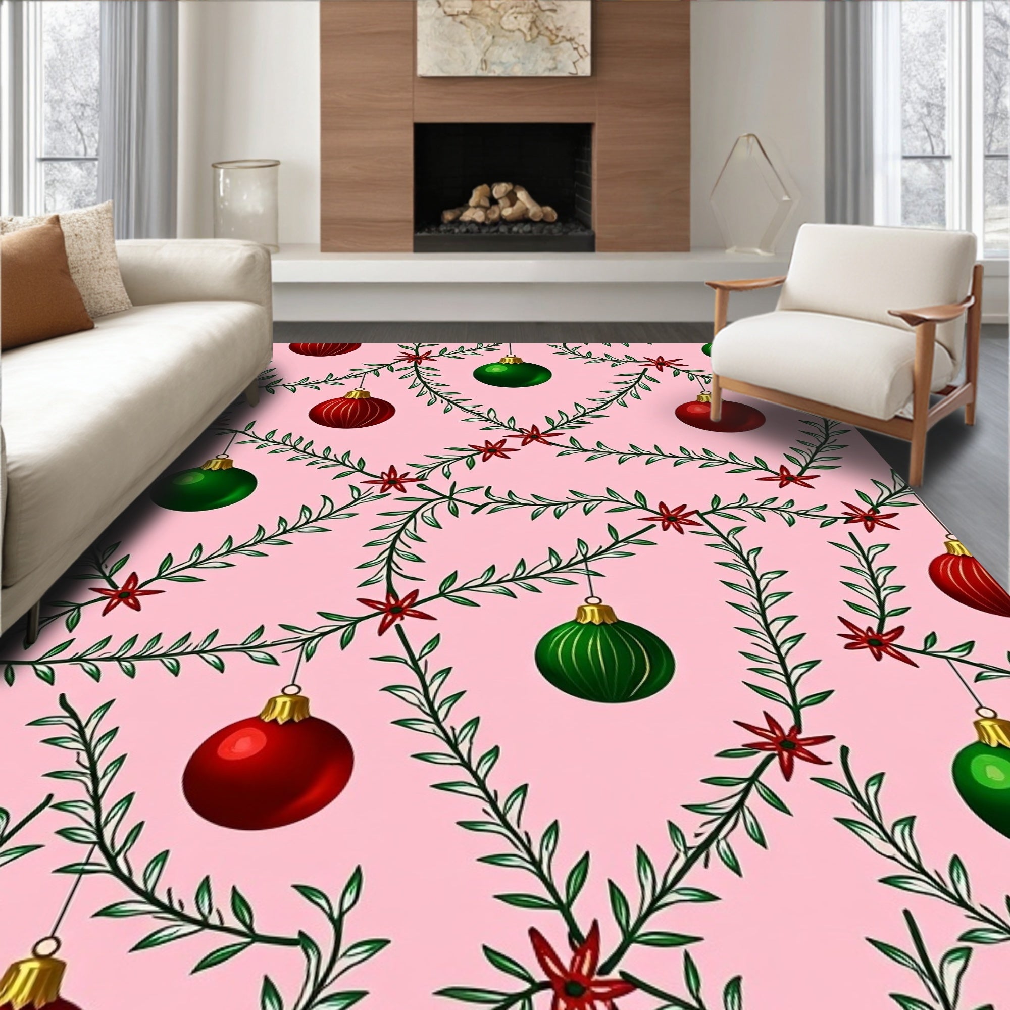 Green Red Holiday Ornaments Garland Rug