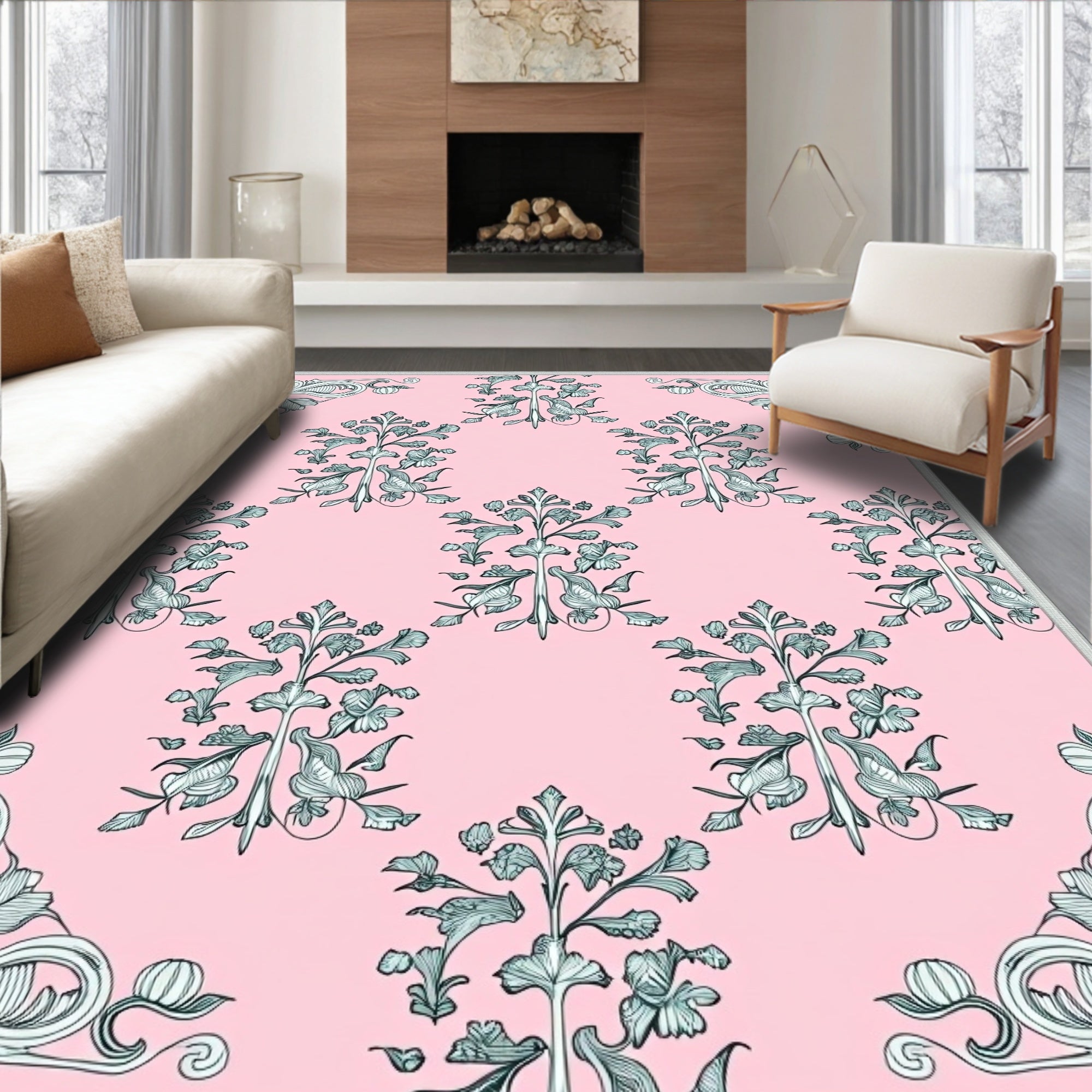 Art Nouveau Pink Floral Bordered Rug
