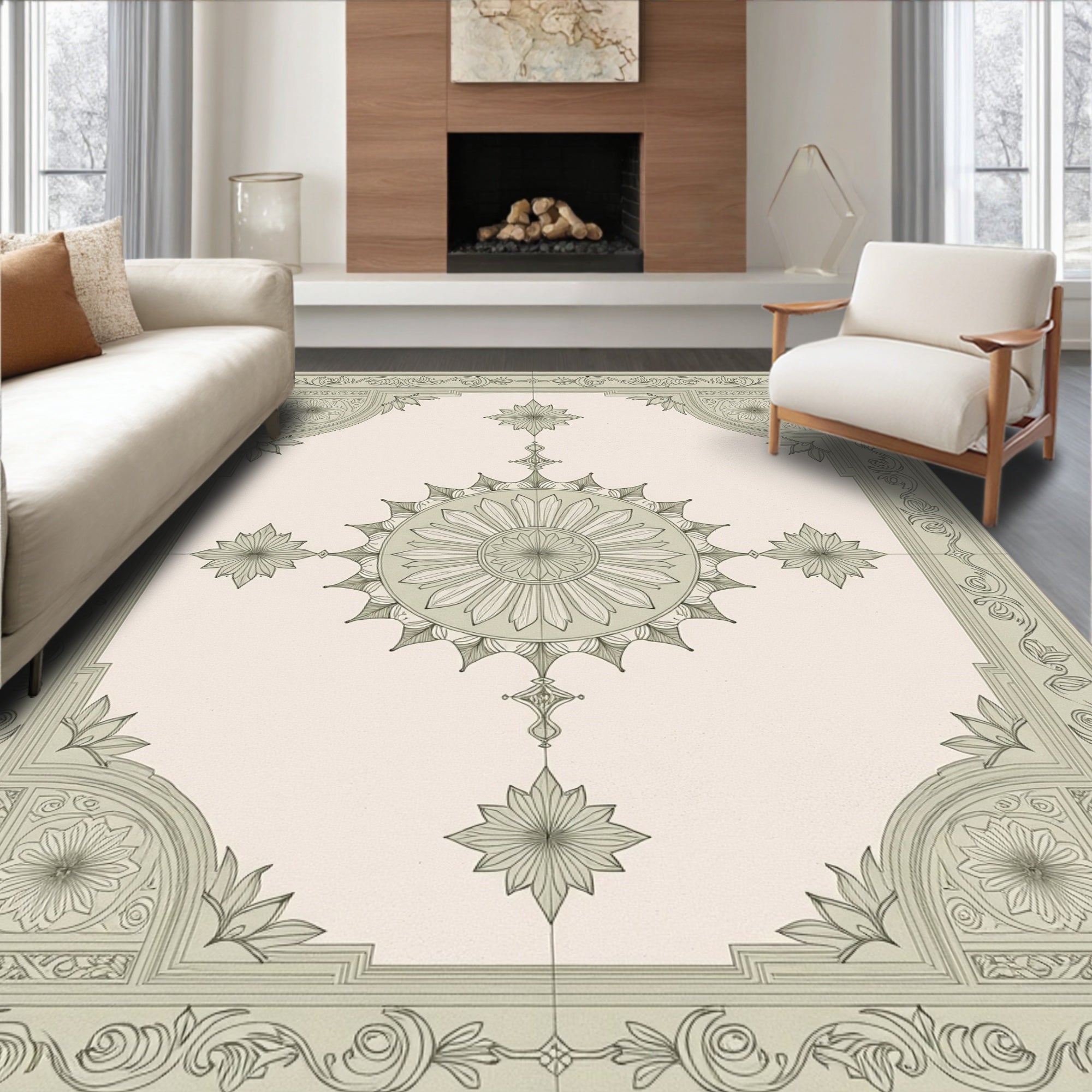 Sage Floral Medallion Border Rug