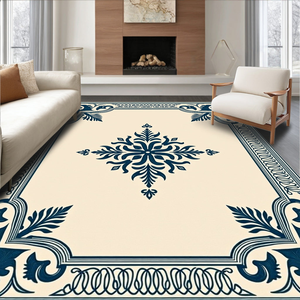 Deep Blue Classic Floral Corner Rug