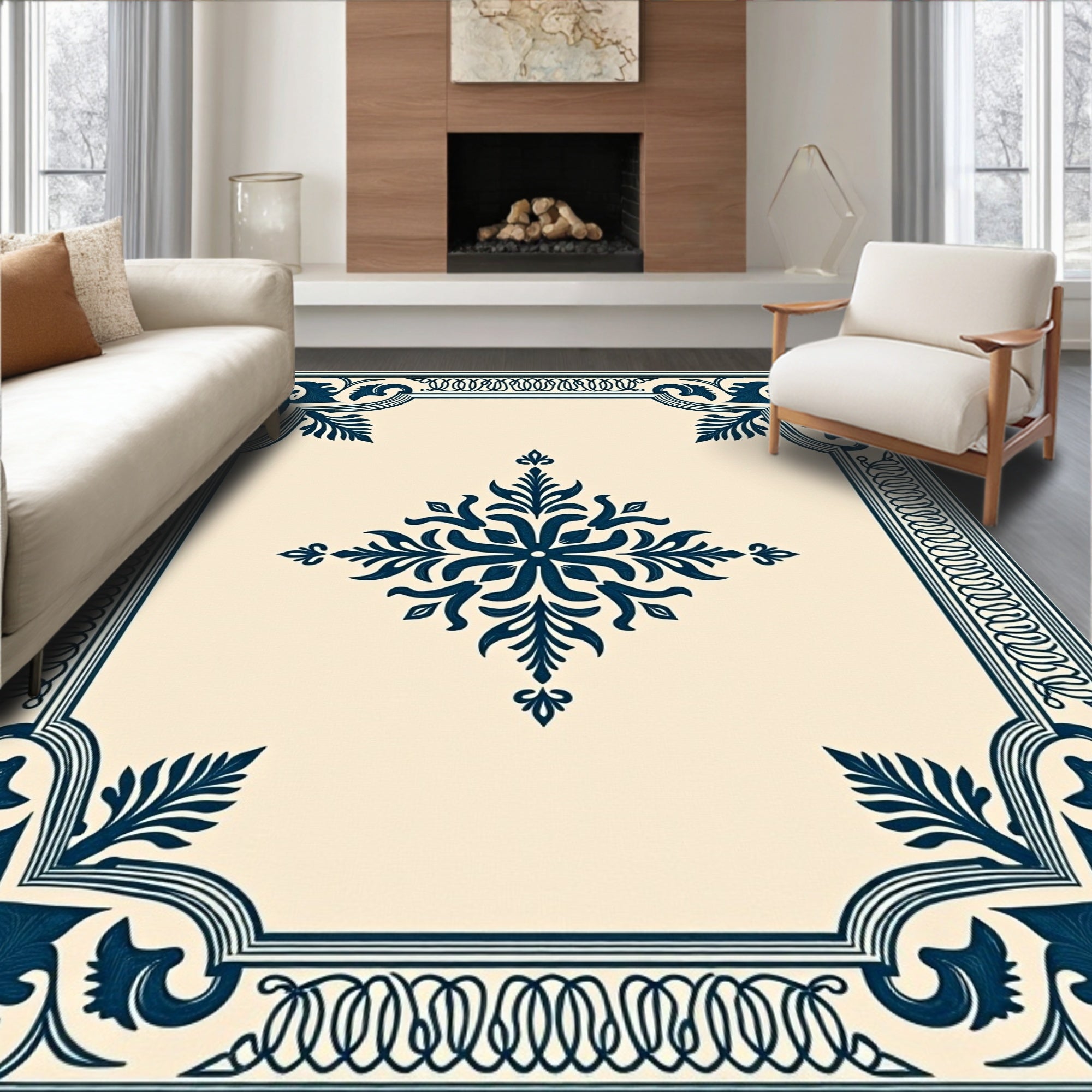 Deep Blue Classic Floral Corner Rug