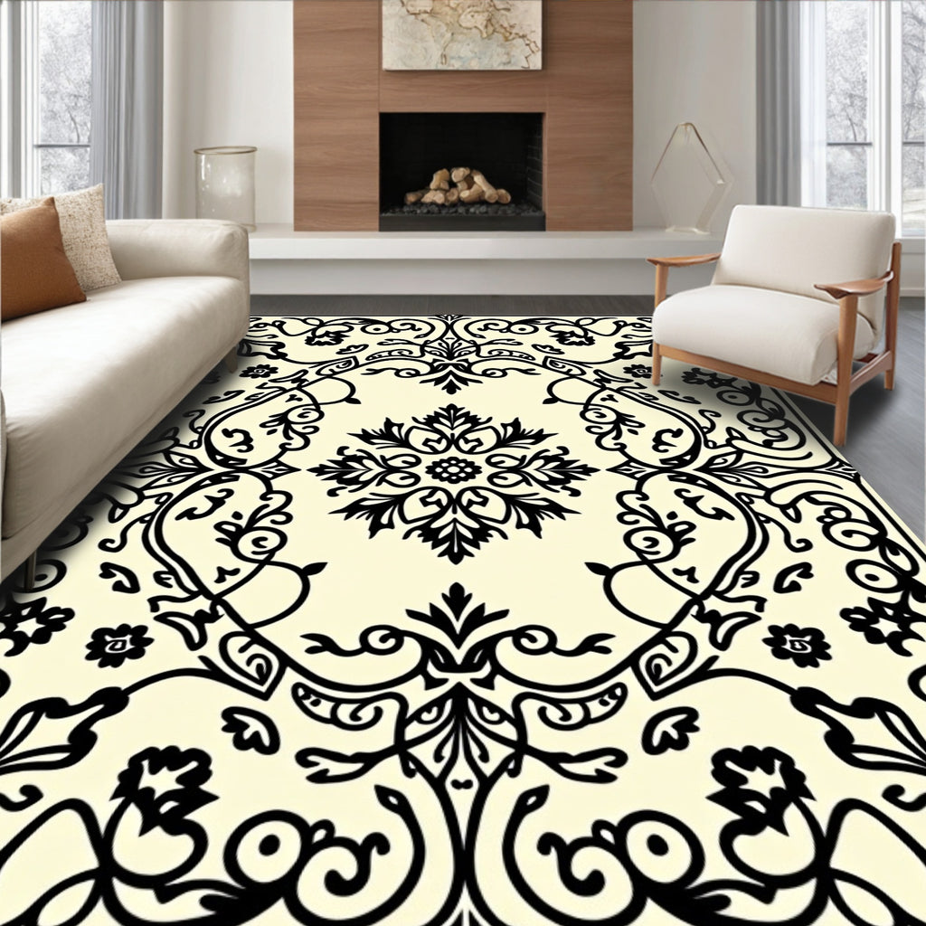 Elegant Black Floral Medallion Cream Background Rug