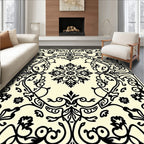 Elegant Black Floral Medallion Cream Background Rug