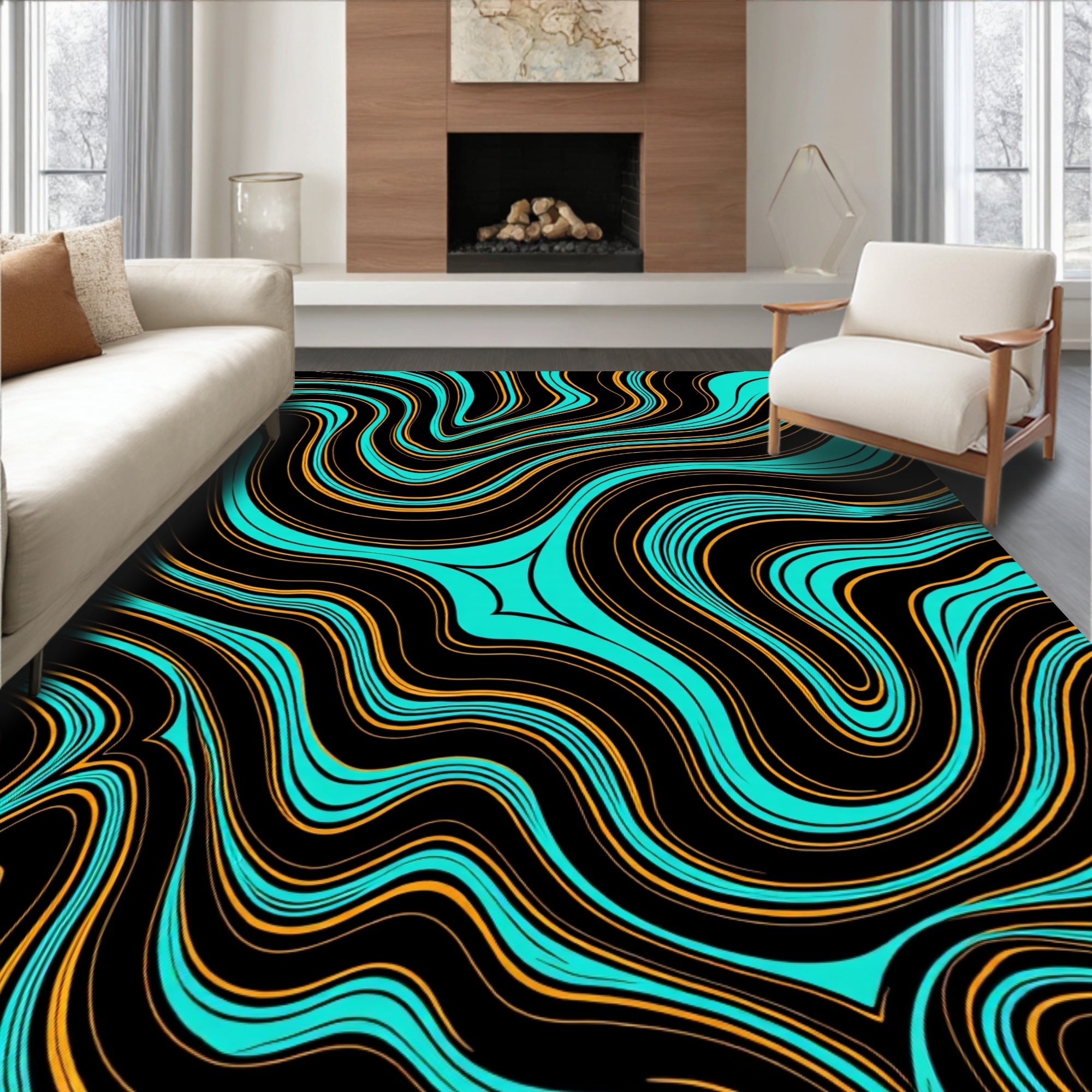 Black Turquoise Orange Swirl Rug