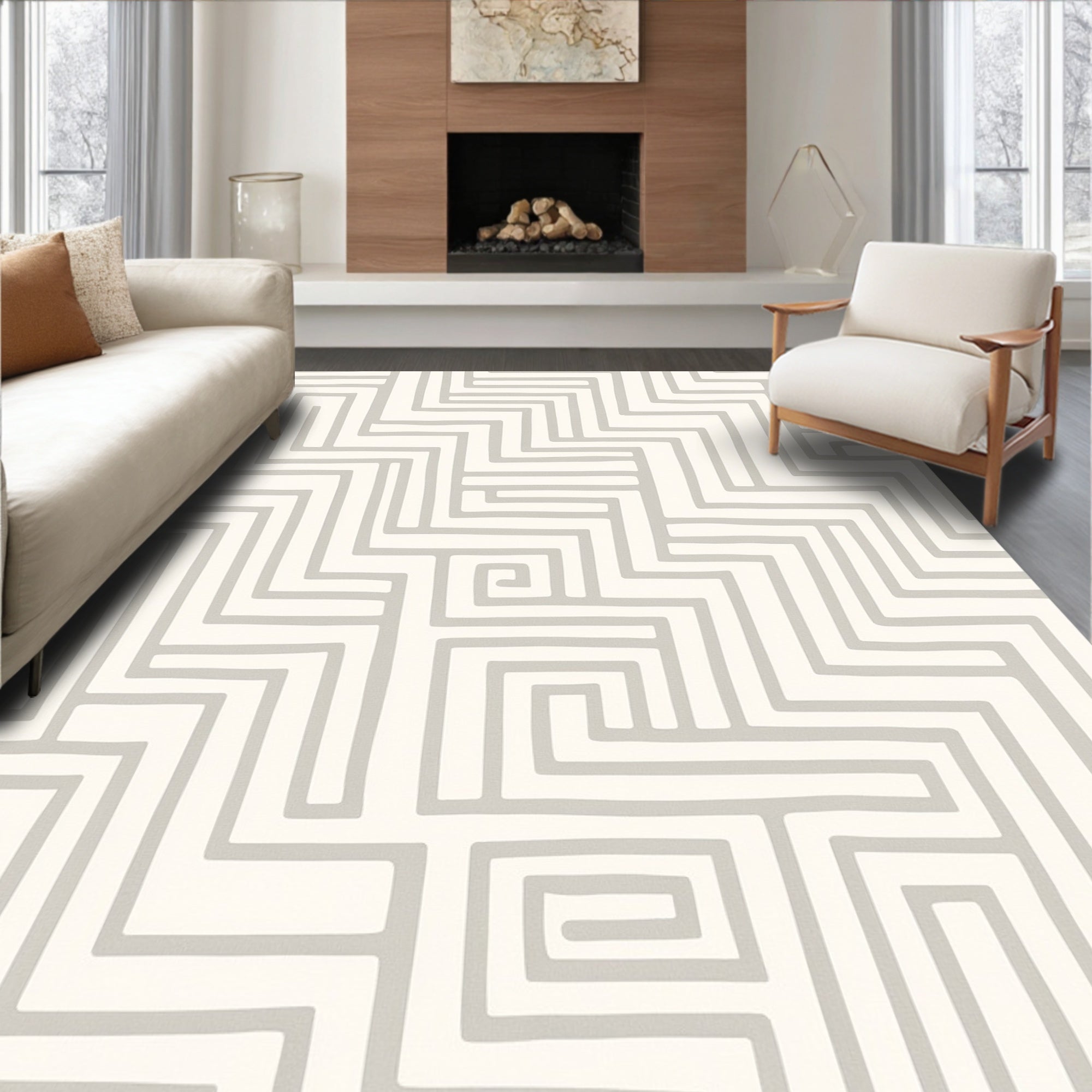 Modern Gray Geometric Maze Rug