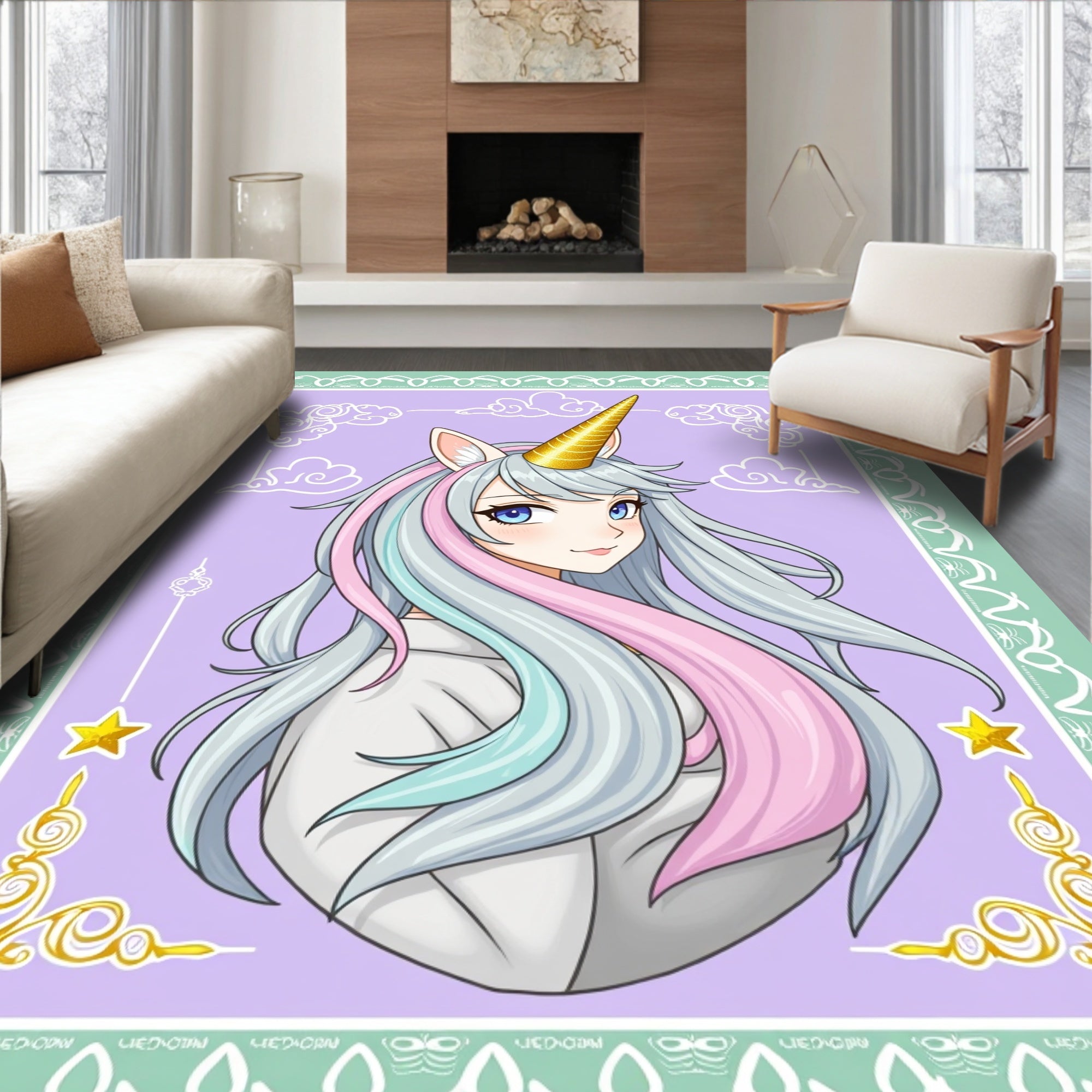 Pastel Unicorn Portrait Mint Frame Rug