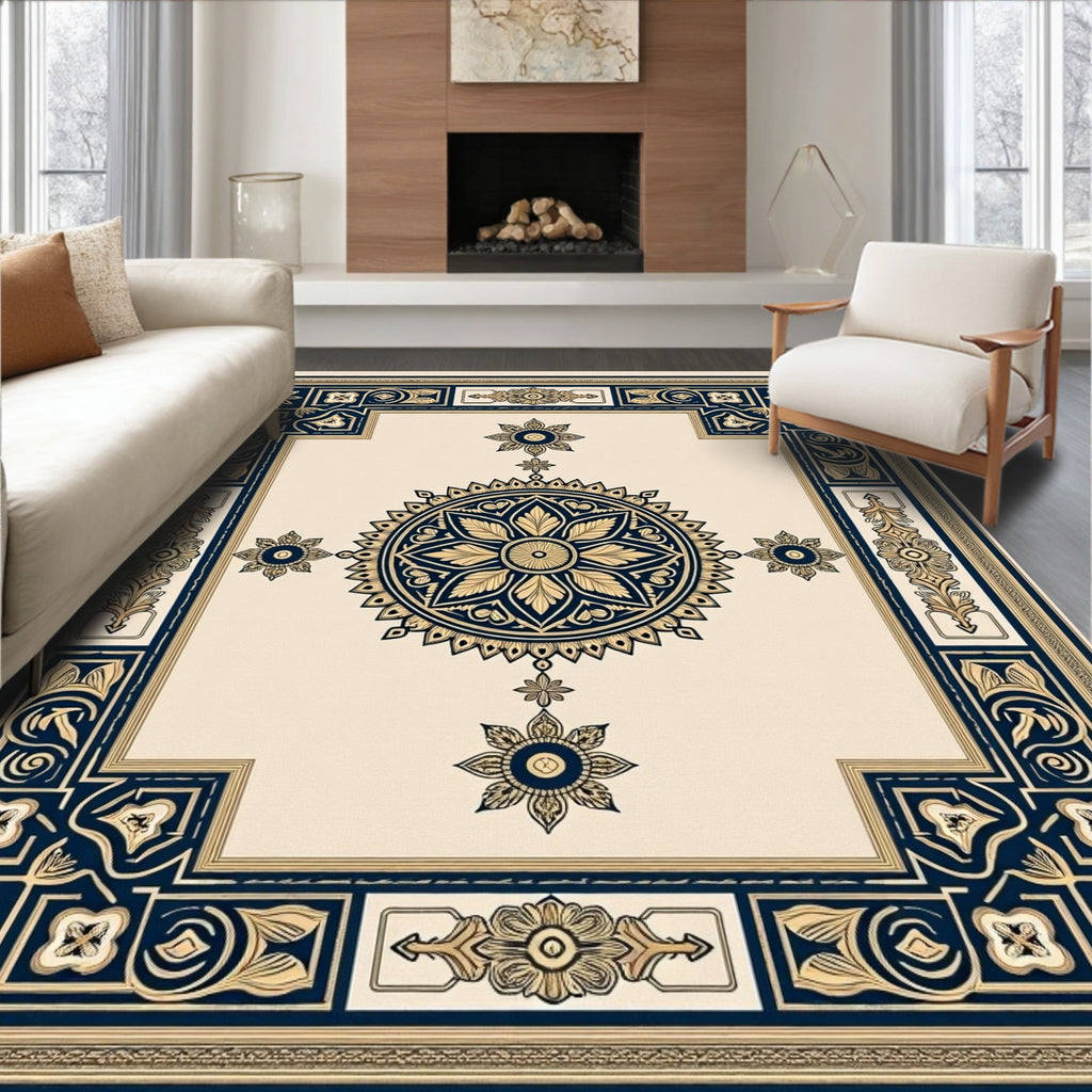 Dark Blue Golden Medallion Border Rug