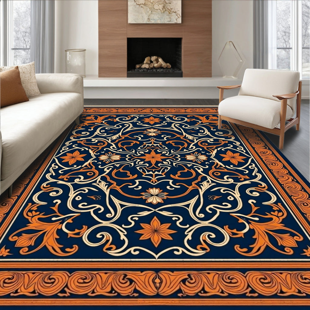 Navy Orange Floral Vintage Medallion Rug
